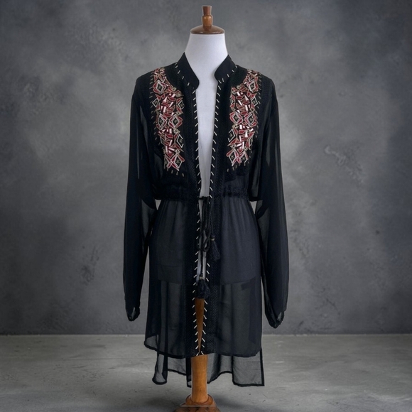 Cato Black Sheer Kimono with Red and White Embroidery NWT Size XL - Picture 2 of 5